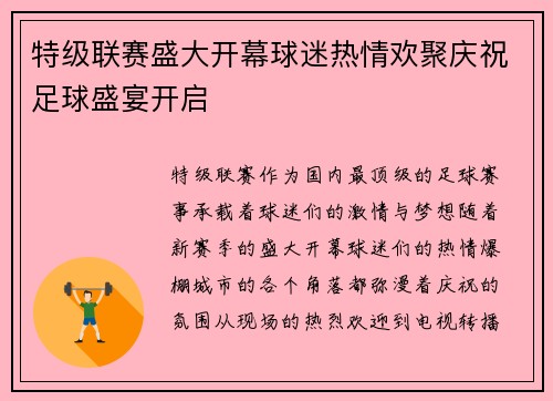 特级联赛盛大开幕球迷热情欢聚庆祝足球盛宴开启